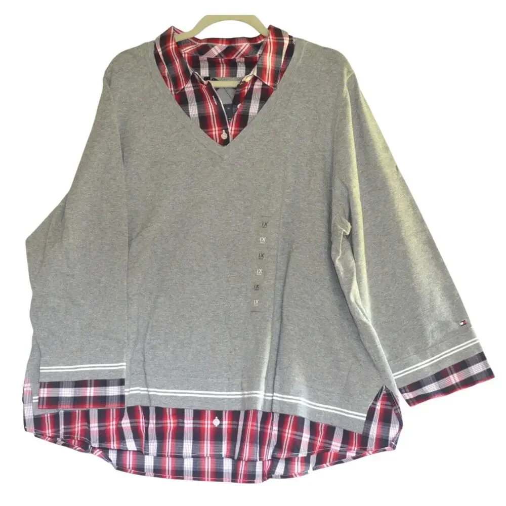 Tommy Hilfiger Plus Size Plaid Twofer Layered Look Sweater In Grey Multi